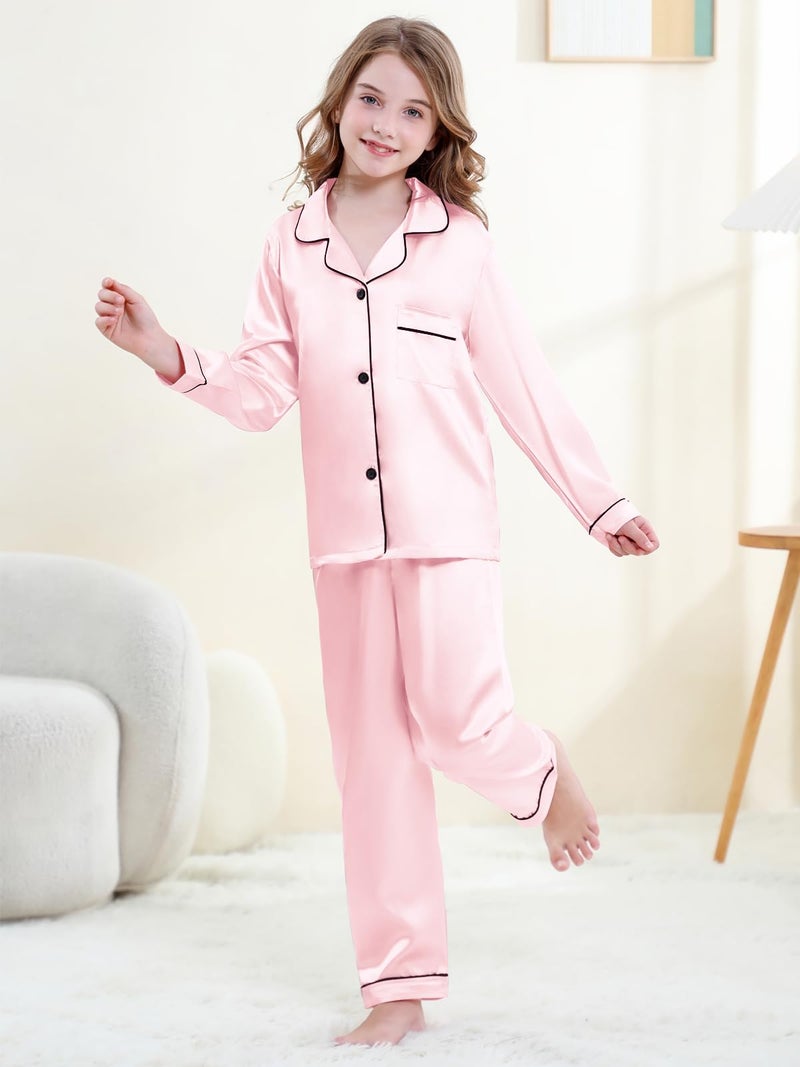 Umeyda Girls Pajamas Set, 2 Piece PJS Set Satin Silk Button Down Sleepwear Loungewear Outfit for Teen Kids Boys Girls, Baby Pink, 9-10 Years = Tag 150 - Image 4